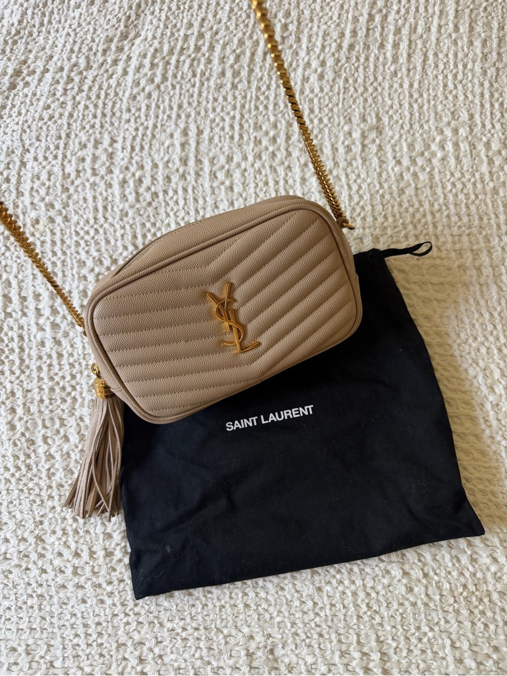 Authentic Saint Laurent YSL Mini Lou Camera Bag – Taupe Grain de Poudre
